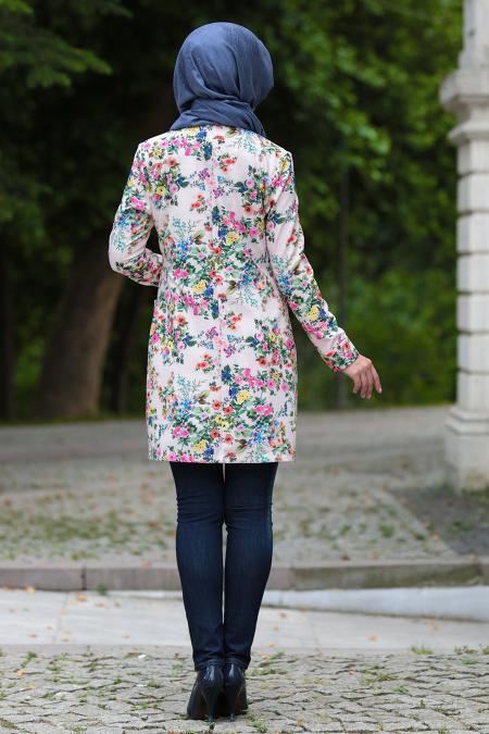 Nayla Collection - Çiçek Desenli Pudra Tesettür Hırka 500PD - 2