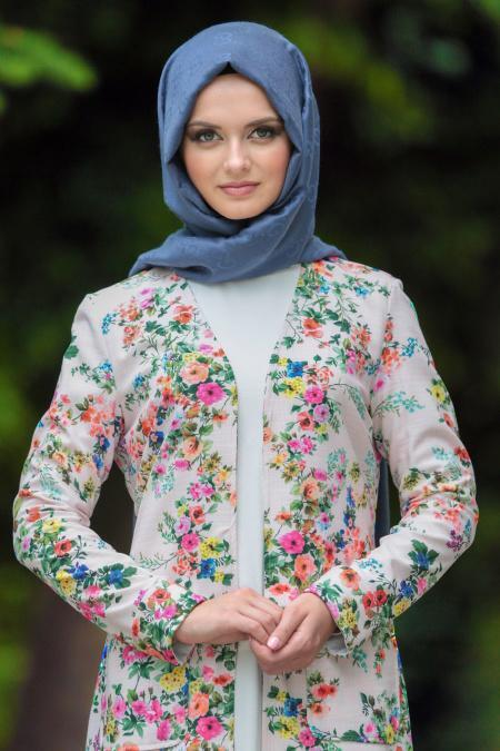 Nayla Collection - Çiçek Desenli Pudra Tesettür Hırka 500PD - 3