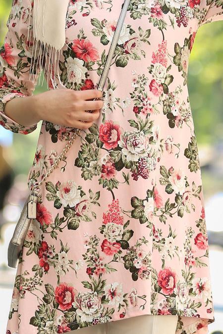 Nayla Collection - Çiçek Desenli Pudra Tesettür Tunik 30611PD - 4