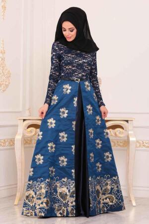 Nayla Collection - Çiçek Desenli Sax Mavisi Tesettür Abiye Elbise 82457SX - 1