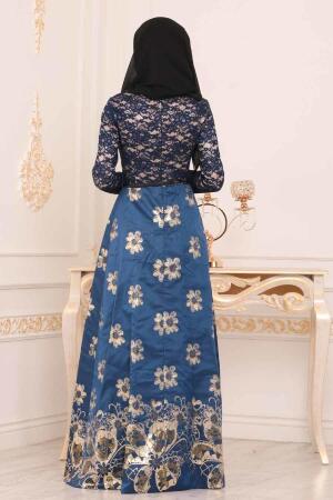 Nayla Collection - Çiçek Desenli Sax Mavisi Tesettür Abiye Elbise 82457SX - 2