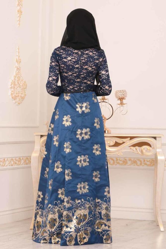 Nayla Collection - Çiçek Desenli Sax Mavisi Tesettür Abiye Elbise 82457SX - 2
