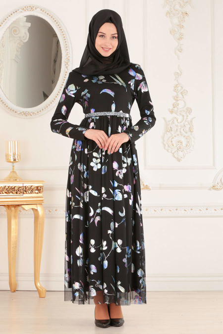Nayla Collection - Çiçek Desenli Sax Mavisi Tesettür Elbise 100359SX