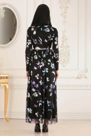 Nayla Collection - Çiçek Desenli Sax Mavisi Tesettür Elbise 100359SX - Thumbnail