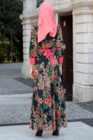 Nayla Collection - Çiçek Desenli Siyah Tesettür Elbise 4100-03S - Thumbnail