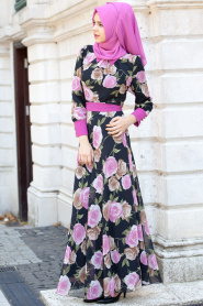 Nayla Collection - Çiçek Desenli Siyah Tesettür Elbise 4100S - Thumbnail