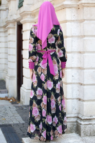 Nayla Collection - Çiçek Desenli Siyah Tesettür Elbise 4100S - Thumbnail