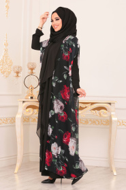 Nayla Collection - Çiçek Desenli Siyah Tesettür Abaya 89610S - Thumbnail