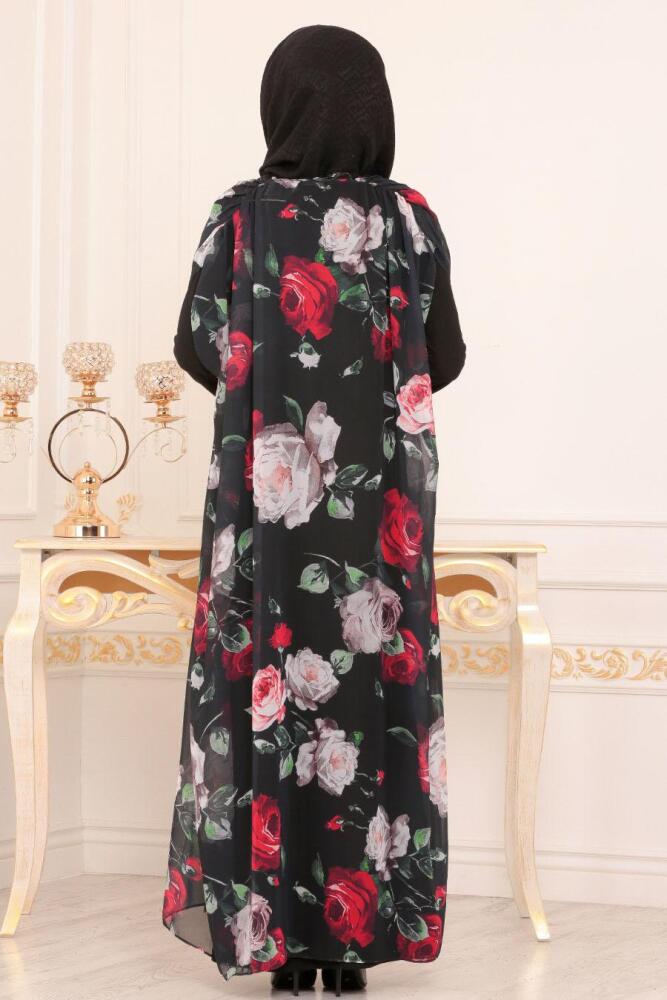 Nayla Collection - Çiçek Desenli Siyah Tesettür Abaya 89610S - 2