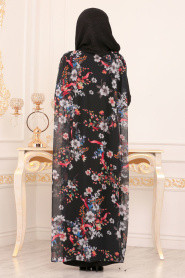 Nayla Collection - Çiçek Desenli Siyah Tesettür Abaya 8961S - Thumbnail