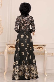Nayla Collection - Çiçek Desenli Siyah Tesettür Abiye Elbise 82457S - Thumbnail