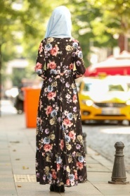 Nayla Collection - Çiçek Desenli Siyah Tesettür Elbise 100389S - Thumbnail