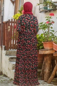 Nayla Collection - Çiçek Desenli Siyah Tesettür Elbise 1275S - Thumbnail