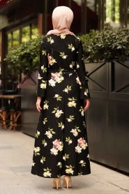 Nayla Collection - Çiçek Desenli Siyah Tesettür Elbise 15252S - Thumbnail