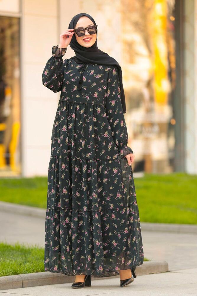 Nayla Collection - Çiçek Desenli Siyah Tesettür Elbise 2539S - 2