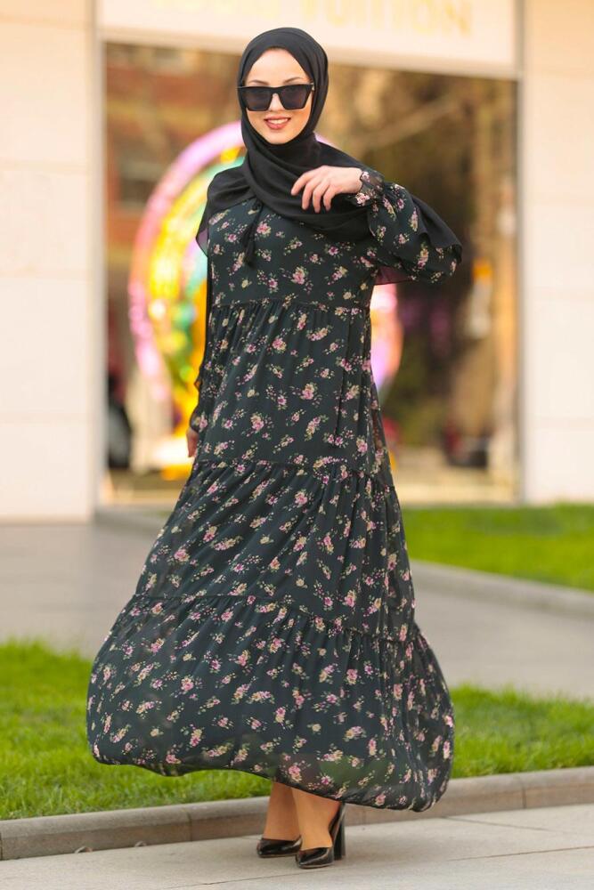 Nayla Collection - Çiçek Desenli Siyah Tesettür Elbise 2539S - 3