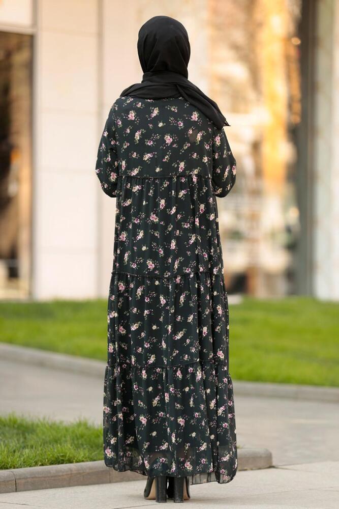 Nayla Collection - Çiçek Desenli Siyah Tesettür Elbise 2539S - 4