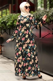 Nayla Collection - Çiçek Desenli Siyah Tesettür Elbise 3709S - Thumbnail