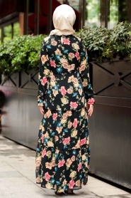 Nayla Collection - Çiçek Desenli Siyah Tesettür Elbise 3709S - Thumbnail