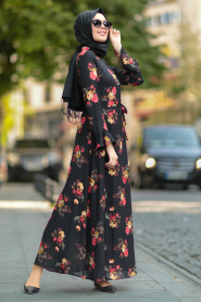 Nayla Collection - Çiçek Desenli Siyah Tesettür Elbise 39050S - Thumbnail