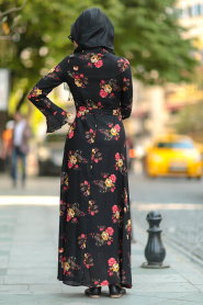 Nayla Collection - Çiçek Desenli Siyah Tesettür Elbise 39050S - Thumbnail