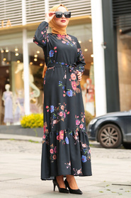 Nayla Collection - Çiçek Desenli Siyah Tesettür Elbise 6271S - Thumbnail