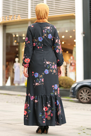 Nayla Collection - Çiçek Desenli Siyah Tesettür Elbise 6271S - Thumbnail