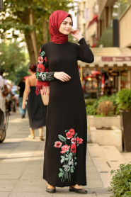 Nayla Collection - Çiçek Desenli Siyah Tesettür Elbise 77950S - Thumbnail
