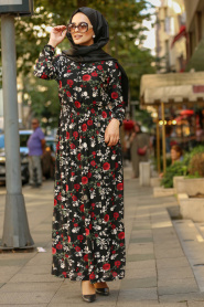 Nayla Collection - Çiçek Desenli Siyah Tesettür Elbise 78620S - Thumbnail