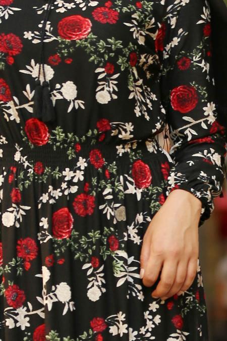 Nayla Collection - Çiçek Desenli Siyah Tesettür Elbise 78620S - 2