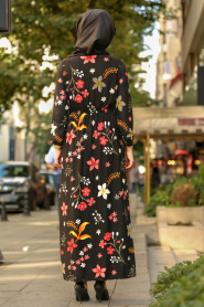 Nayla Collection - Çiçek Desenli Siyah Tesettür Elbise 78621S - Thumbnail