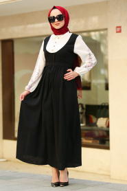 Nayla Collection - Çiçek Desenli Siyah Tesettür Elbise 80091S - Thumbnail