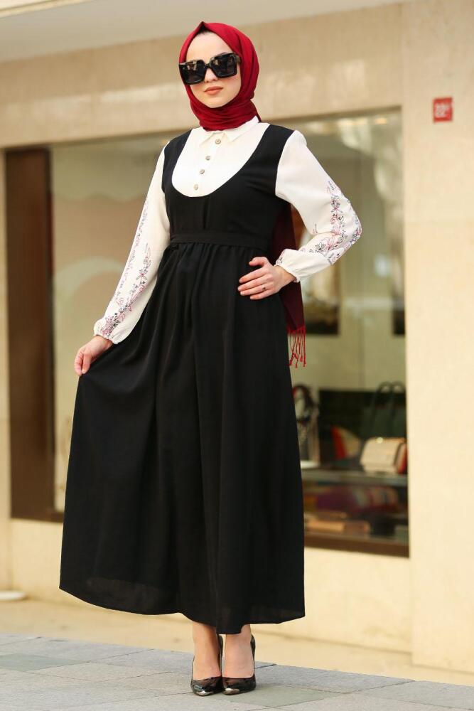 Nayla Collection - Çiçek Desenli Siyah Tesettür Elbise 80091S - 2