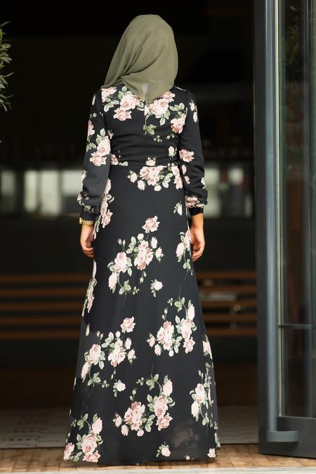 Nayla Collection - Çiçek Desenli Siyah Tesettür Elbise 815204S - 4