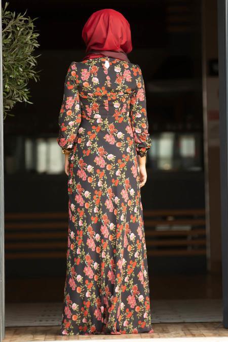 Nayla Collection - Çiçek Desenli Siyah Tesettür Elbise 815207S - 4
