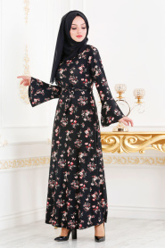Nayla Collection - Çiçek Desenli Siyah Tesettür Elbise 8232S - Thumbnail
