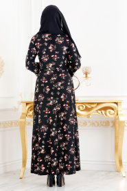 Nayla Collection - Çiçek Desenli Siyah Tesettür Elbise 8232S - Thumbnail