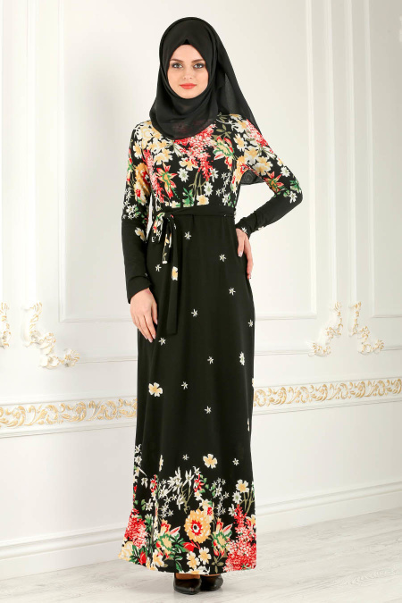 Nayla Collection - Çiçek Desenli Siyah Tesettür Elbise 9670S