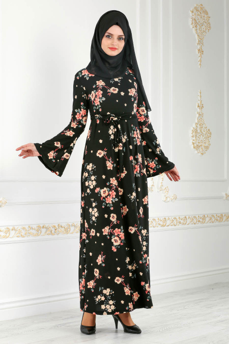 Nayla Collection - Çiçek Desenli Siyah Tesettür Elbise 9671S