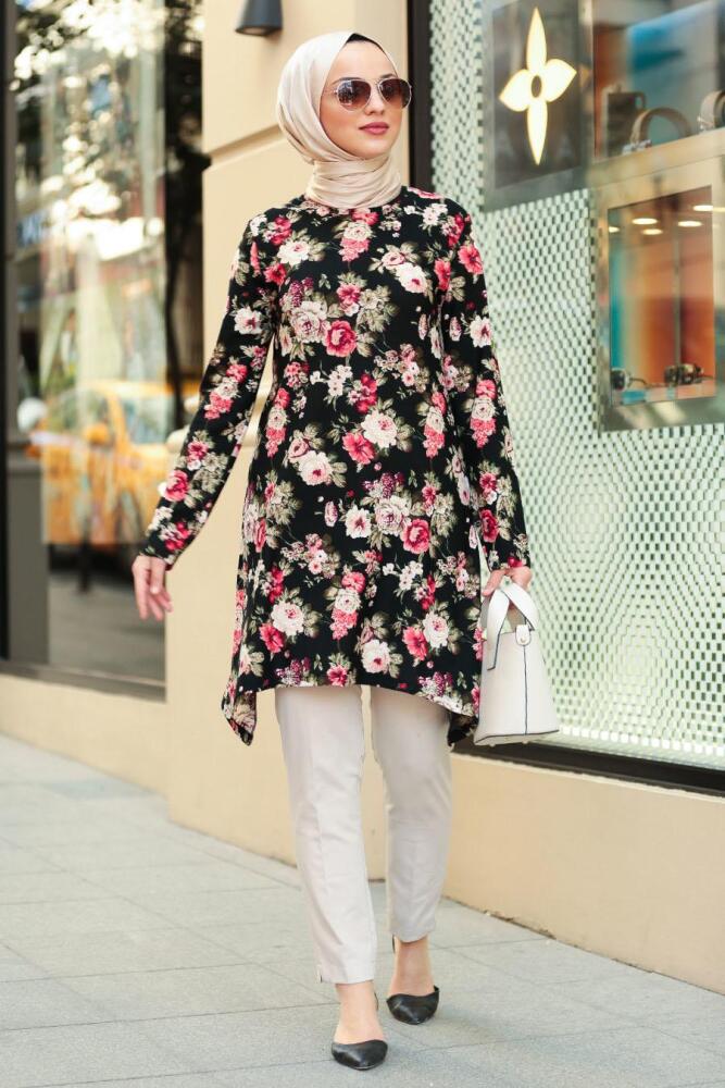 Nayla Collection - Çiçek Desenli Siyah Tesettür Tunik 30610S - 1
