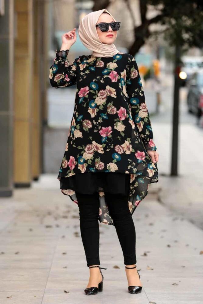 Nayla Collection - Çiçek Desenli Siyah Tesettür Tunik 3338S - 1