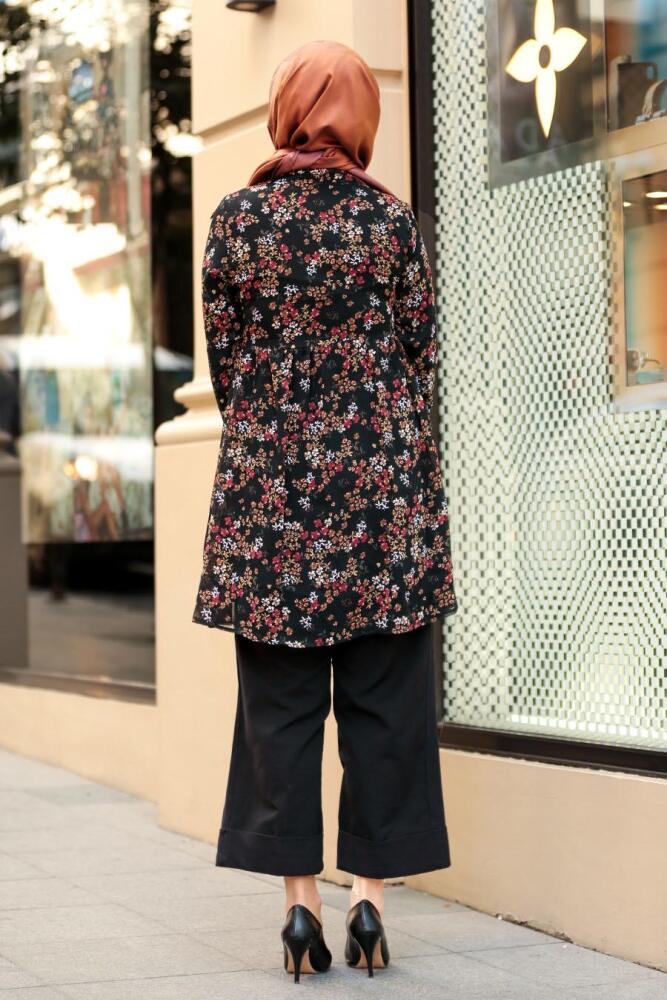 Nayla Collection - Çiçek Desenli Siyah Tesettür Tunik 3402S - 2