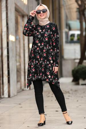 Nayla Collection - Çiçek Desenli Siyah Tesettür Tunik 40451S - 1
