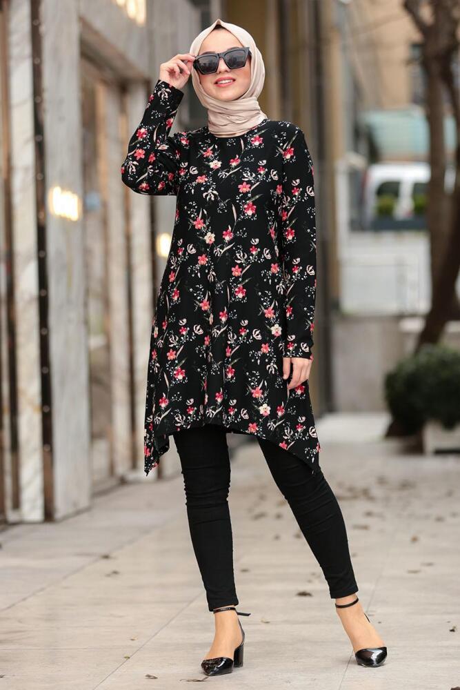 Nayla Collection - Çiçek Desenli Siyah Tesettür Tunik 40451S - 1