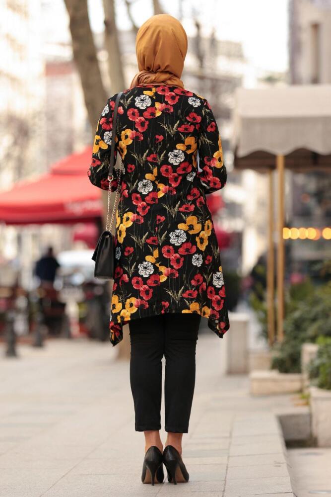 Nayla Collection - Çiçek Desenli Siyah Tesettür Tunik 40452S - 2