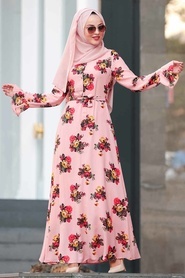 Nayla Collection - Çiçek Desenli Somon Tesettür Elbise 39050SMN - Thumbnail
