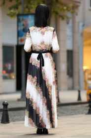 Nayla Collection - Çiçek Desenli Taba Tesettür Elbise 100432TB - Thumbnail