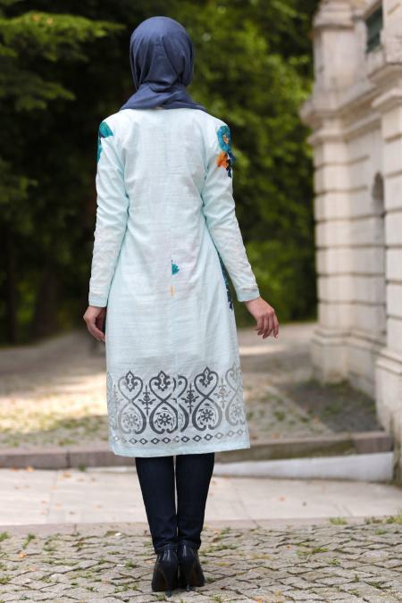 Nayla Collection - Çiçek Desenli Tesettür Turkuaz Hırka 494TR - 2