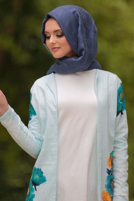 Nayla Collection - Çiçek Desenli Tesettür Turkuaz Hırka 494TR - 3