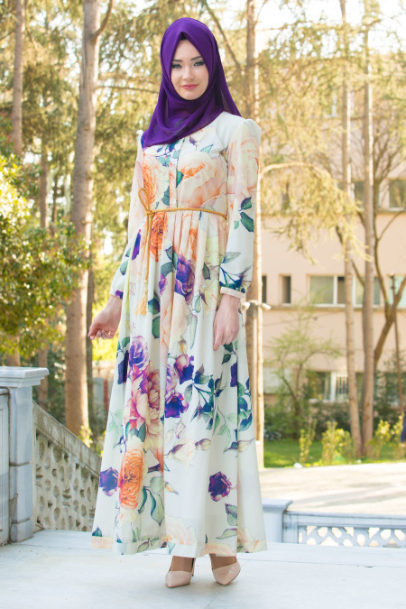 Nayla Collection - Çiçek Desenli Turuncu Tesettür Elbise 6526T